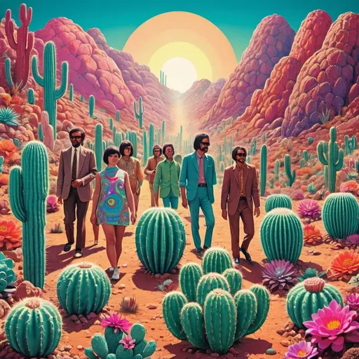 Prompt: Full color illustration, A group of multi cultural people in a field of giant psychedelic peyote cacti, style of 60s kitsch and psychedelia, sharp lighting, highest quality, ultra sharp, ffffound, ultra detailed, magical universe, Dynamic pose, bright and uplifting color hues, misc-geometric