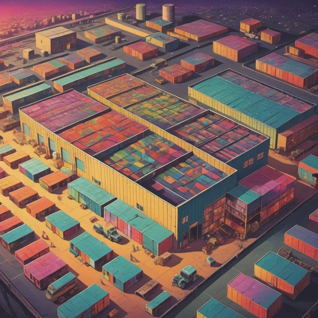 Prompt: Full color illustration, a warehouse from an aerial view, in the style of 60s kitsch and psychedelia, sharp lighting, highest quality, ultra sharp, ffffound, ultra detailed, magical universe, Dynamic pose, bright and uplifting color hues, misc-geometric
