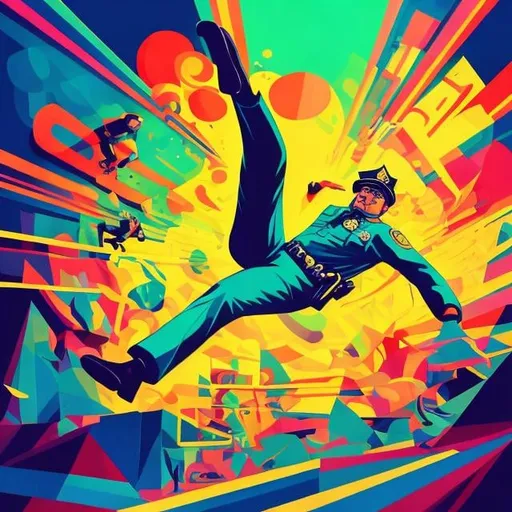 Prompt: Full color illustration, a police officer falling over, in the style of 60s kitsch and psychedelia, sharp lighting, highest quality, ultra sharp, ffffound, ultra detailed, magical universe, Dynamic pose, bright and uplifting color hues, misc-geometric