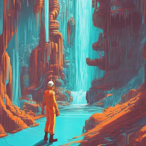 Prompt: retro futurism styled factory worker walking up to a giant waterfall, Comic style, heavily detailed, concept art, unique universe, Primary color hues, magical world, bright uplifting tones, dynamic lighting