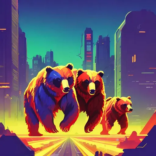 Prompt: retro futurism styled bears clawing at buildings, behind the shoulder view, dynamic pose, spotlights panning from above onto the scene, Comic style, heavily detailed, concept art, unique universe, Primary color hues, magical world, bright uplifting tones, dynamic lighting
