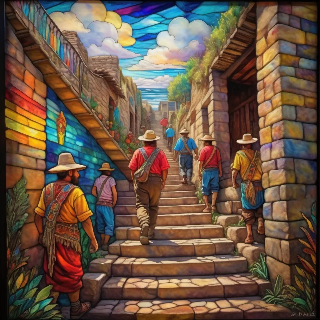 Prompt: Monet style painting of an aztec resident walking up a stone stair case, villagers gather around it, ultra detailed, magical world, primary color hues, bright uplifting tones, dynamic lighting, misc-nostalgic, monet styled, fluffy clouds, professional, ultra detailed