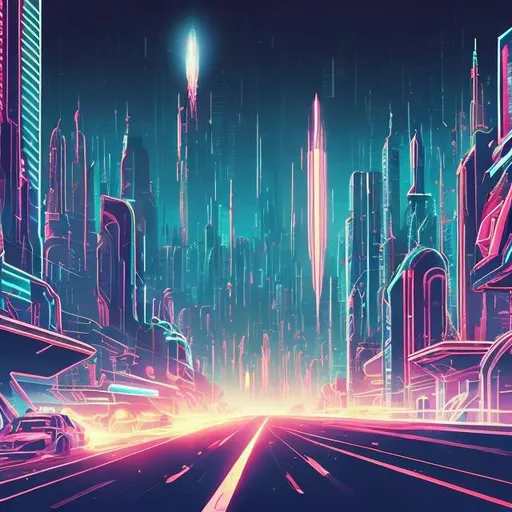 Prompt: a lighting bolt flashing in a retro futurism styled city skyline, Comic style, heavily detailed, concept art, unique universe, neon color hues, magical world, bright uplifting tones, dynamic lighting,

