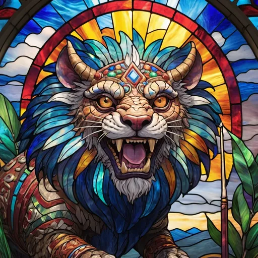 Prompt: stained glass, Monet style, an aztec chimera roaring at a man with a spear, vibrant face, villagers around, ultra detailed, stained glass, 4 k, magical world, primary color hues, bright uplifting tones, dynamic lighting, misc-nostalgic, fluffy clouds, professional, ultra detailed