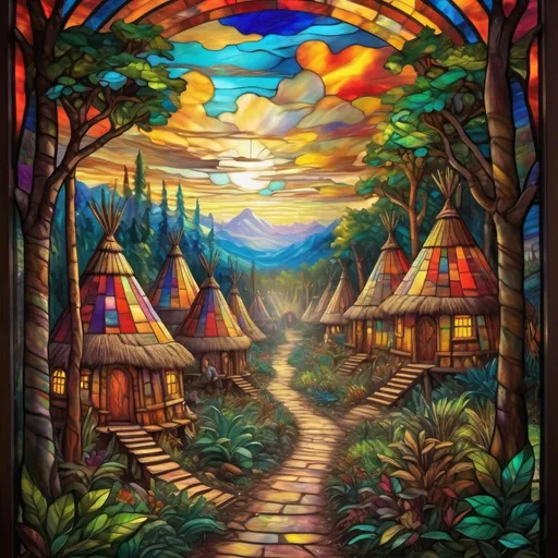 Prompt: Monet style painting of an aztec styled forest village, villagers gather around it, ultra detailed, magical world, primary color hues, bright uplifting tones, dynamic lighting, misc-nostalgic, monet styled, fluffy clouds, professional, ultra detailed