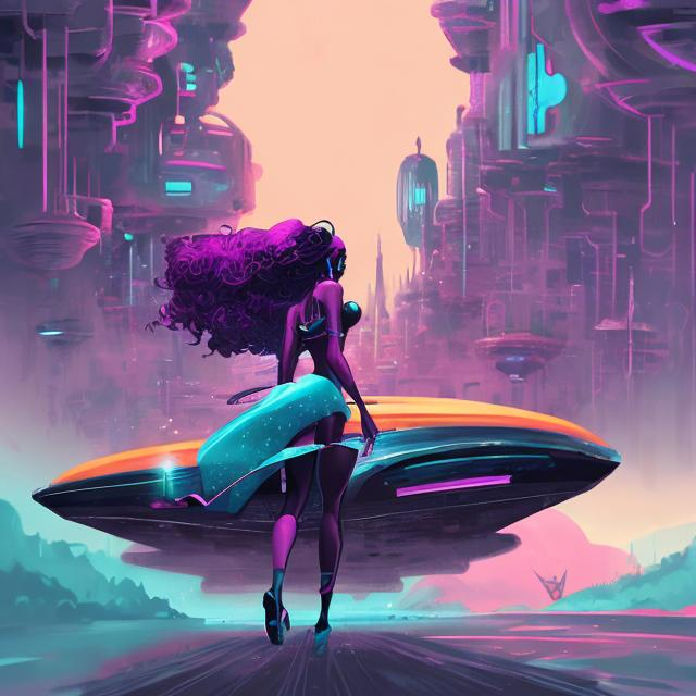 Prompt: retro futurism ebony princess leaving towards home in style, Comic style, heavily detailed, concept art, unique universe, Primary color hues, magical world, well groomed hair, bright uplifting tones, dynamic lighting