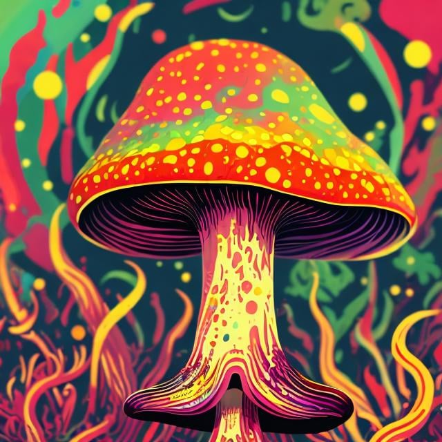 Prompt: Full color illustration, A psychedelic liberty cap mushroom, in the style of 60s kitsch and psychedelia, full body, sharp lighting, highest quality, ultra sharp, ffffound, ultra detailed, magical universe, Dynamic pose, bright and uplifting color hues, misc-geometric