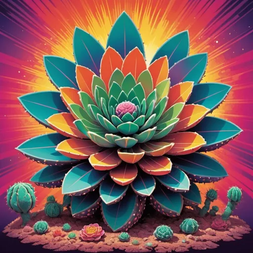 Prompt: Full color illustration, A psychedelic peyote plant, in the style of 60s kitsch and psychedelia, full body, sharp lighting, highest quality, ultra sharp, ffffound, ultra detailed, magical universe, Dynamic pose, bright and uplifting color hues, misc-geometric