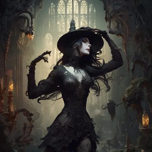 Prompt: woman with hat, dynamic pose, misc-goth, very detailed, elegant, ornate, ultra detailed, misc-grunge, indoor garden, cozy, library,  32k, fantasy art, Still-Life, Warm Color Palette,  Glowing, Rays of Shimmering Light, Moody Lighting