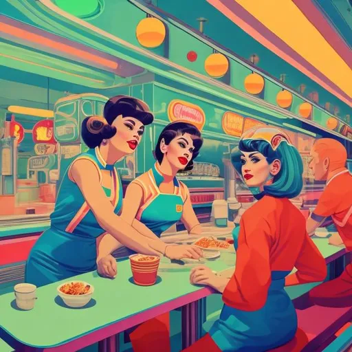 Prompt: Full color illustration, A group of people in a diner ordering food from a waitress in the style of 60s kitsch and psychedelia, sharp lighting, highest quality, ultra sharp, ffffound, ultra detailed, magical universe, Dynamic pose, bright and uplifting color hues, misc-geometric