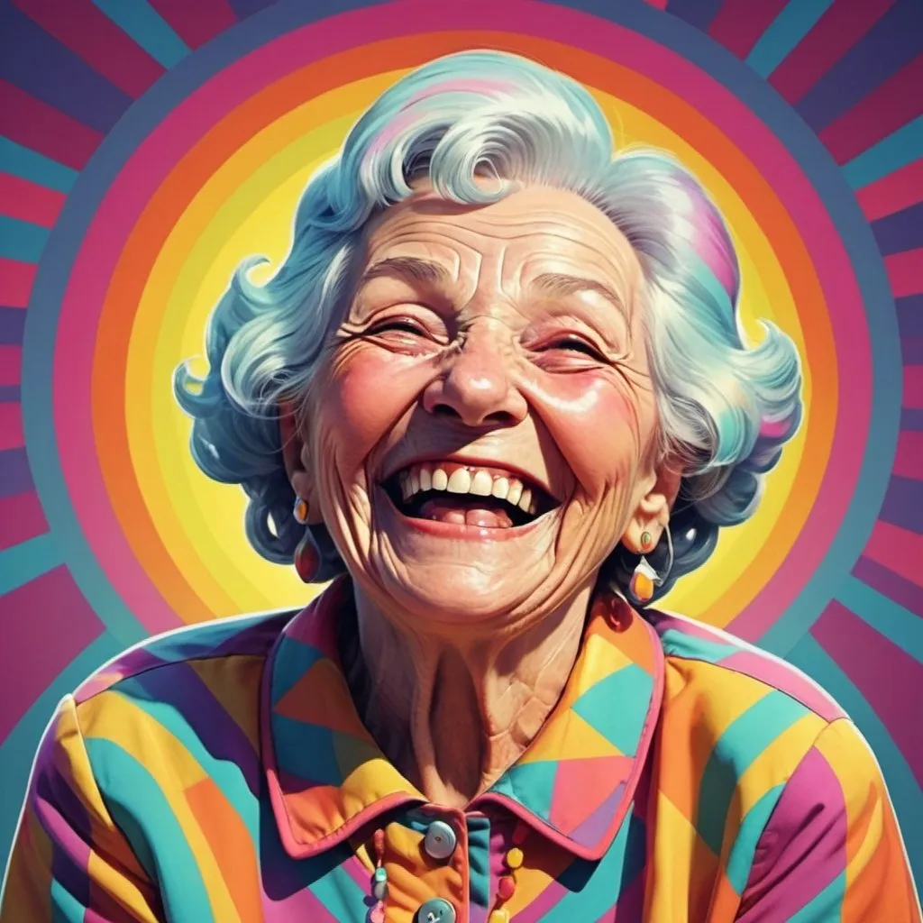 Prompt: Full color illustration, A laughing old woman, in the style of 60s kitsch and psychedelia, sharp lighting, full body, highest quality, ultra sharp, ffffound, ultra detailed, magical universe, Dynamic pose, bright and uplifting color hues, misc-geometric