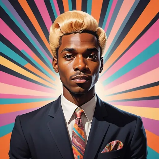 Prompt: Full color illustration, A black man with blonde well groomed hair, in the style of 60s kitsch and psychedelia, sharp lighting, highest quality, ultra sharp, ffffound, ultra detailed, magical universe, Dynamic pose, bright and uplifting color hues, misc-geometric