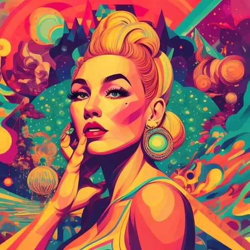 Prompt: Full color illustration, A blonde woman with big earrings, in the style of 60s kitsch and psychedelia, full body, sharp lighting, highest quality, ultra sharp, ffffound, ultra detailed, magical universe, Dynamic pose, bright and uplifting color hues, misc-geometric