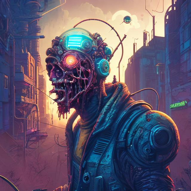 Prompt: Retro futurism styled Zombie implanting an upgrade, heavily detailed, unique universe, concept art, primary color hues, magical world, bright uplifting tones, dynamic lighting, professional, highres, ultra-detailed, retro-futurism, comic style, dynamic lighting, unique concept, misc-grunge, detailed feathers, atmospheric clouds, urban setting