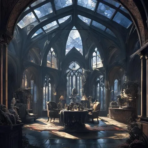 Prompt: A vaulted ceiling reveals a giant tinted glass window, the glass is abstract, misc-goth, very detailed, elegant, ornate, ultra detailed, misc-grunge,  32k, fantasy art, Still-Life, Warm Color Palette,  Glowing, Rays of Shimmering Light, Moody Lighting