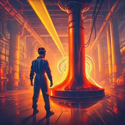 Prompt: retro futurism factory worker looking at a tesla coil, dynamic pose, Comic style, heavily detailed, concept art, unique universe, bathed in sunlight, Primary color hues, magical world, bright uplifting tones, dynamic lighting