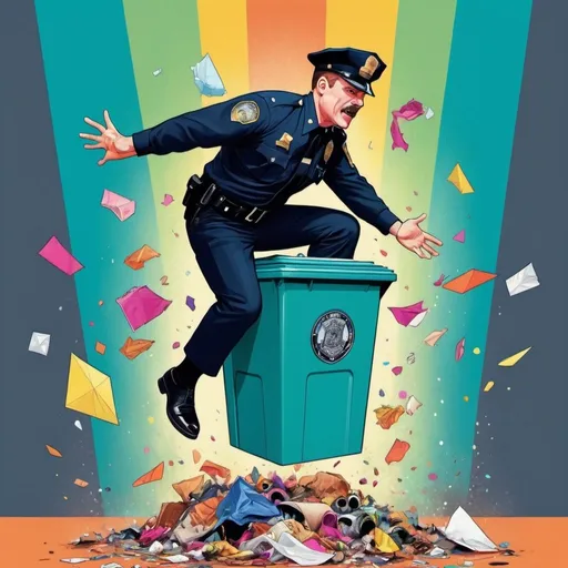 Prompt: Full color illustration, a police officer falling into a trash can, in the style of 60s kitsch and psychedelia, sharp lighting, highest quality, ultra sharp, ffffound, ultra detailed, magical universe, Dynamic pose, bright and uplifting color hues, misc-geometric