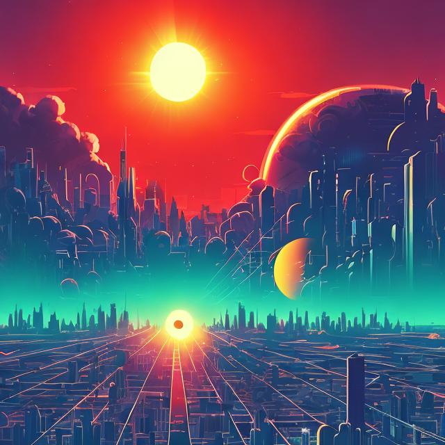 Prompt: a solar eclipse in a retro futurism styled city skyline, dynamic pose, Comic style, heavily detailed, concept art, unique universe, Primary color hues, magical world, bright uplifting tones, dynamic lighting,

