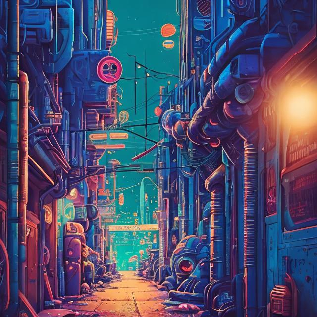 Prompt: Retro futurism styled city alley way, retro-futurism world, Comic style, misc-grunge, heavily detailed, unique universe, concept art, primary color hues, magical world, bright uplifting tones, dynamic lighting, professional, highres, ultra-detailed, retro-futurism, comic style, dynamic lighting, unique concept, misc-grunge, detailed feathers, atmospheric clouds, urban setting