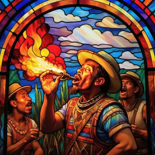 Prompt: Monet style painting of an aztec resident shooting fire from their mouth, villagers gather around it, dynamic pose, ultra detailed, magical world, primary color hues, bright uplifting tones, dynamic lighting, misc-nostalgic, monet styled, fluffy clouds, professional, ultra detailed