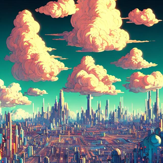 Prompt: fluffy clouds in a retro futurism styled city skyline, Comic style, retro futurism, heavily detailed, concept art, unique universe, primary color hues, magical world, bright uplifting tones, dynamic lighting,

