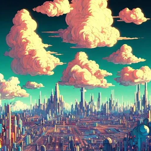 Prompt: fluffy clouds in a retro futurism styled city skyline, Comic style, retro futurism, heavily detailed, concept art, unique universe, primary color hues, magical world, bright uplifting tones, dynamic lighting,


