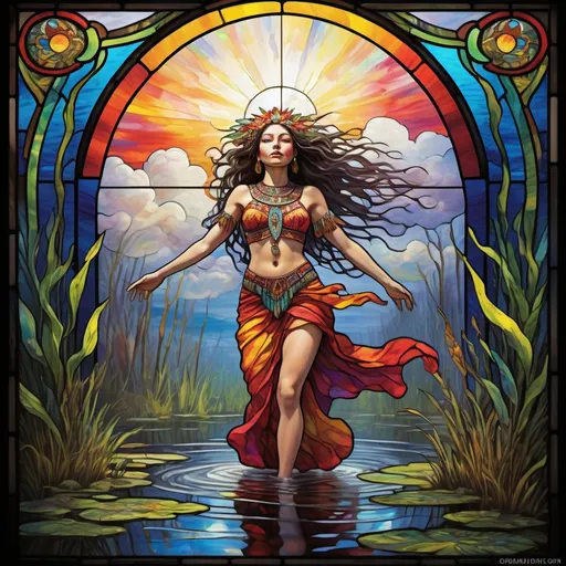 Prompt: stained glass, Monet-style, a dynamic aztec female sacred spirit coming out of dark dead swamp, dynamic pose, magical world, bright and uplifting primary color hues, fluffy clouds, dynamic lighting, ultra-detailed, professional, misc-nostalgic, Monet-styled