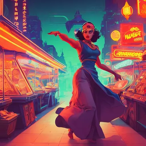 Prompt: a fortune teller in a retro futurism styled city market, dynamic pose, Comic style, heavily detailed, concept art, unique universe, Primary color hues, magical world, bright uplifting tones, dynamic lighting,

