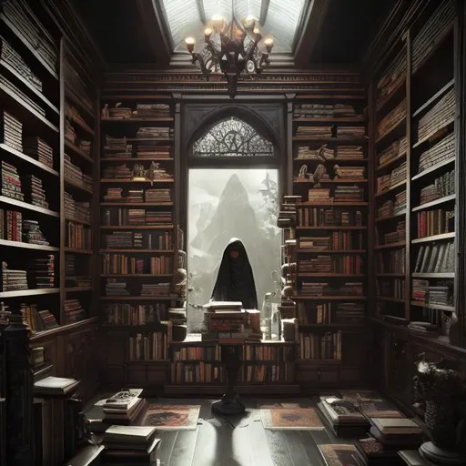 Prompt: interior study with books on shelves and a lonely statue, dynamic pose, misc-goth, very detailed, elegant, ornate, ultra detailed, misc-grunge, indoor garden, cozy, library,  32k, fantasy art, Still-Life, Warm Color Palette,  Glowing, Rays of Shimmering Light, Moody Lighting