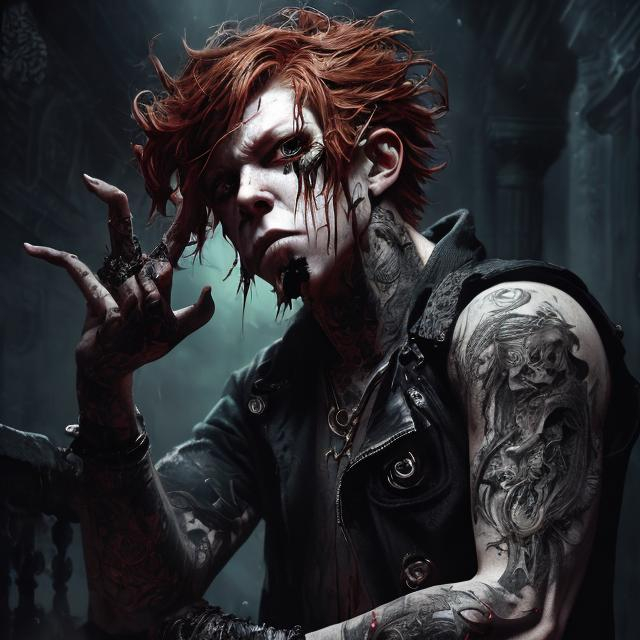 Prompt: A red headed man with short hair and scars rolling up his sleeves, black eyes, dynamic pose, misc-goth, very detailed, elegant, ornate, ultra detailed, misc-grunge,  32k, fantasy art, Still-Life, Warm Color Palette,  Glowing, Rays of Shimmering Light, Moody Lighting