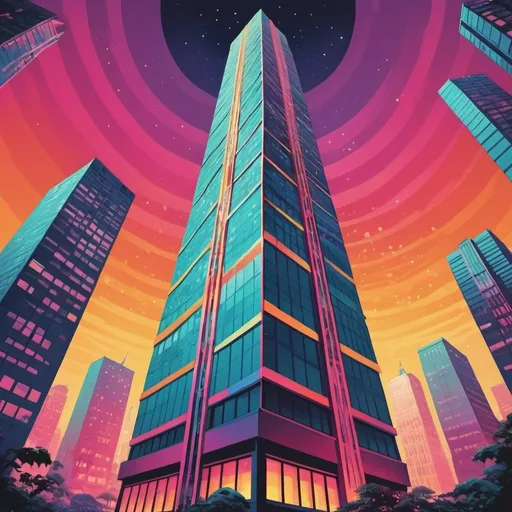 Prompt: Full color illustration, a skyscraper, in the style of 60s kitsch and psychedelia, sharp lighting, highest quality, ultra sharp, ffffound, ultra detailed, magical universe, Dynamic pose, bright and uplifting color hues, misc-geometric