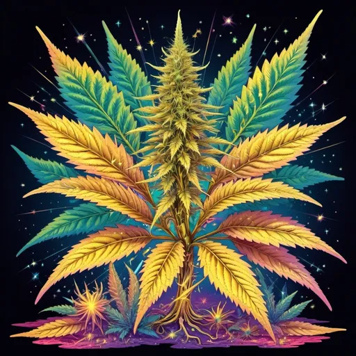 Prompt: Full color illustration, A psychedelic golden marijuana plant with glowing crystals on it, in the style of 60s kitsch and psychedelia, full body, sharp lighting, highest quality, ultra sharp, ffffound, ultra detailed, magical universe, Dynamic pose, bright and uplifting color hues, misc-geometric