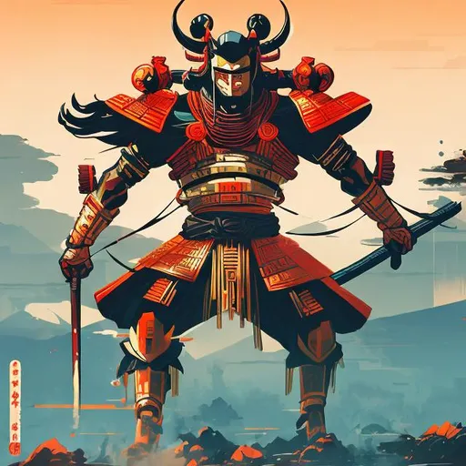 Prompt: retro futurism styled samurai paying honor to their ancestors, dynamic pose, Comic style, heavily detailed, concept art, unique universe, Primary color hues, magical world, bright uplifting tones, dynamic lighting
