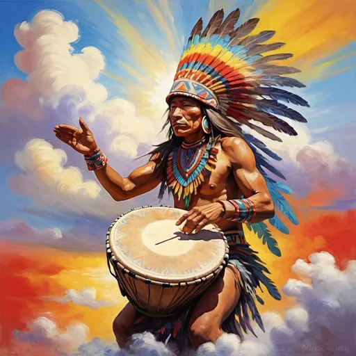 Prompt: Monet-style painting of a dynamic aztec sacred spirit playing a hand drum, dynamic pose, magical world, bright and uplifting primary color hues, fluffy clouds, dynamic lighting, ultra-detailed, professional, misc-nostalgic, Monet-styled