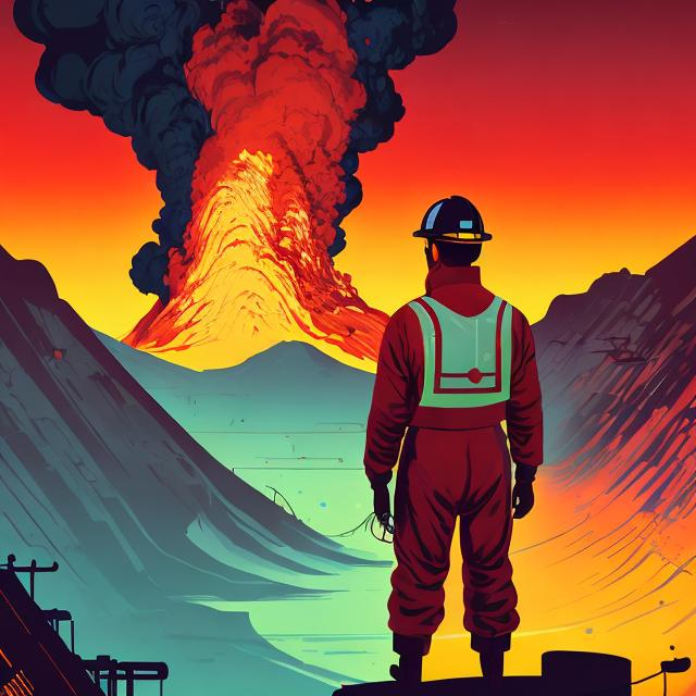 Prompt: retro futurism styled factory worker looking down into an active volcano, heavily detailed, concept art, unique universe, Primary color hues, magical world, bright uplifting tones, dynamic lighting