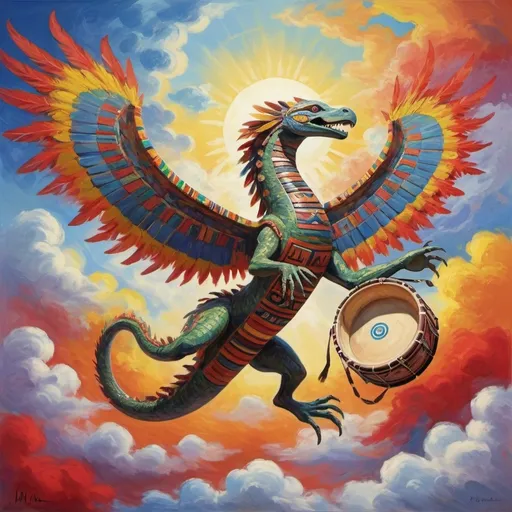 Prompt: Monet-style painting of a dynamic aztec flying serpent with arms playing a hand drums, magical world, bright and uplifting primary color hues, fluffy clouds, dynamic lighting, ultra-detailed, professional, misc-nostalgic, Monet-styled