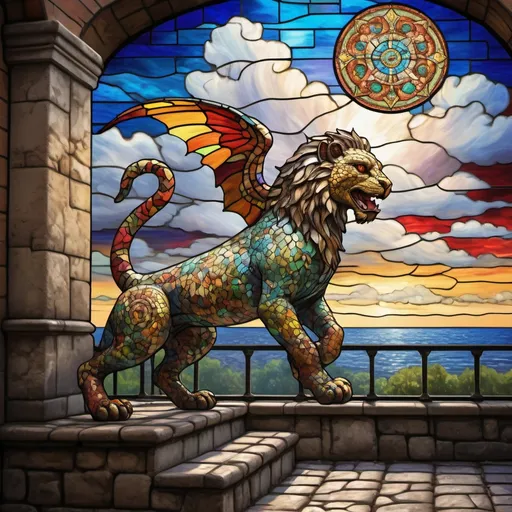 Prompt: Monet style, stained glass, aztec chimera landing on a cobblestone wooden balcony, dynamic pose, ultra detailed, stained glass, magical world, primary color hues, bright uplifting tones, dynamic lighting, misc-nostalgic, monet styled, fluffy clouds, professional, ultra detailed