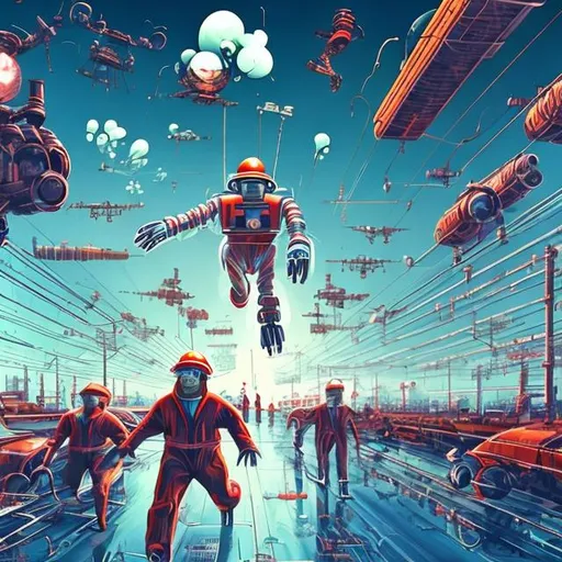 Prompt: retro futurism factory worker being chased by flying robots made of mostly glass, Comic style, heavily detailed, concept art, unique universe, Primary color hues, magical world, fluffy clouds, bright uplifting tones, dynamic lighting