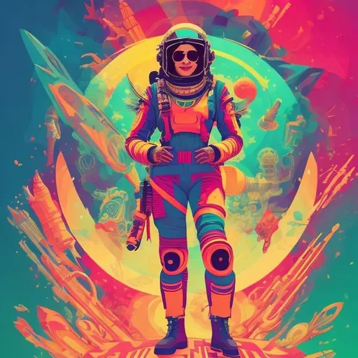 Prompt: Full color illustration, A hindu fighter pilot woman happy, style of 60s kitsch and psychedelia, full body, sharp lighting, highest quality, ultra sharp, ffffound, ultra detailed, magical universe, Dynamic pose, bright and uplifting color hues, misc-geometric