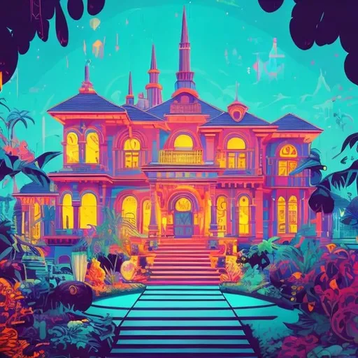 Prompt: Full color illustration, a mansion in a large gated property, in the style of 60s kitsch and psychedelia, sharp lighting, highest quality, ultra sharp, ffffound, ultra detailed, magical universe, Dynamic pose, bright and uplifting color hues, misc-geometric