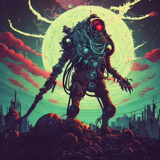 Prompt: Retro futurism styled Zombie with steam rising out of all of its orifices, heavily detailed, unique universe, concept art, primary color hues, magical world, bright uplifting tones, dynamic lighting, professional, highres, ultra-detailed, retro-futurism, comic style, dynamic lighting, unique concept, misc-grunge, detailed feathers, atmospheric clouds, urban setting