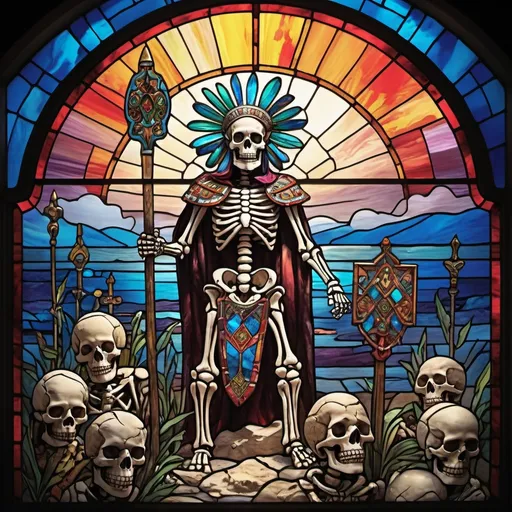 Prompt: stained glass, Monet style, an aztec skeleton warrior being buried by priests, vibrant face, villagers around, ultra detailed, stained glass, 4 k, magical world, primary color hues, bright uplifting tones, dynamic lighting, misc-nostalgic, fluffy clouds, professional, ultra detailed