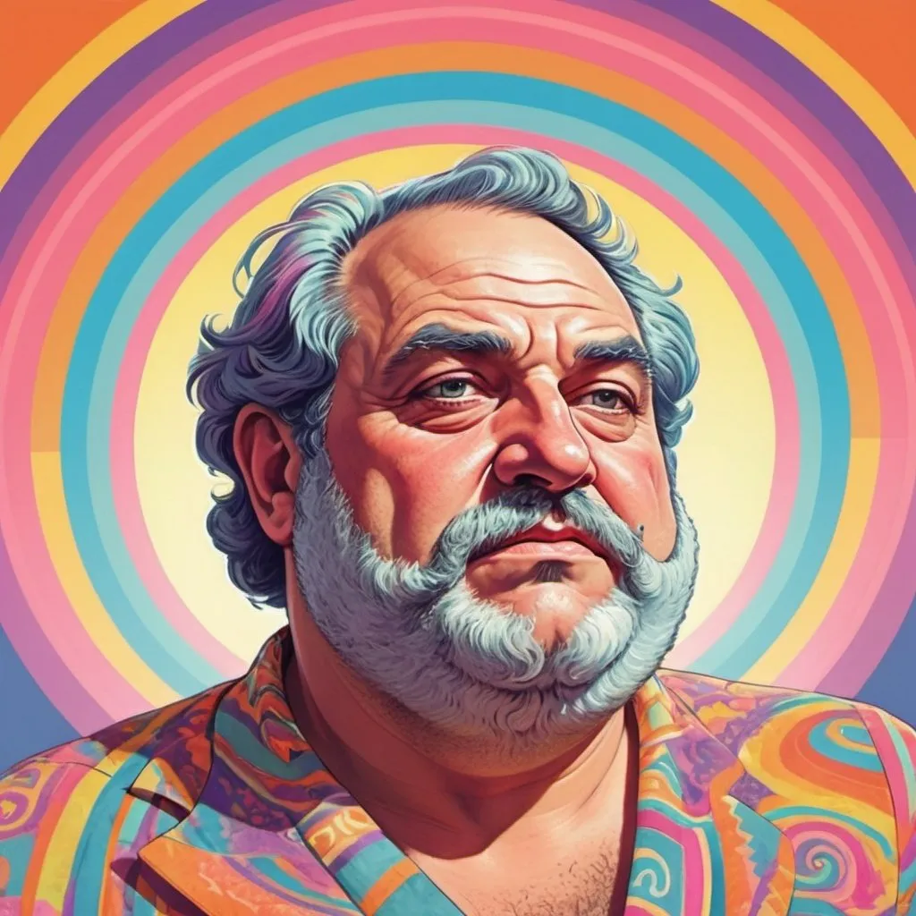 Prompt: Full color illustration, A portly middle aged greek man, in the style of 60s kitsch and psychedelia, sharp lighting, highest quality, ultra sharp, ffffound, ultra detailed, magical universe, Dynamic pose, bright and uplifting color hues, misc-geometric