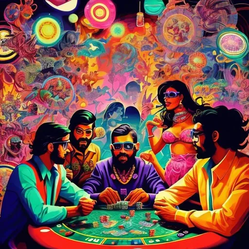 Prompt: Full color illustration, A group of multi cultural people around a poker table, dealers view, style of 60s kitsch and psychedelia, sharp lighting, highest quality, ultra sharp, ffffound, ultra detailed, magical universe, Dynamic pose, bright and uplifting color hues, misc-geometric