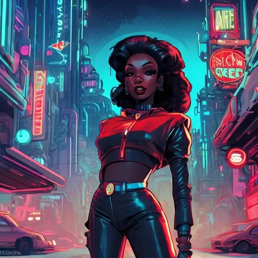Prompt: an ebony female vampire in a retro futurism styled city street, Comic style, retro futurism, heavily detailed, concept art, unique universe, primary color hues, magical world, bright uplifting tones, dynamic lighting,

