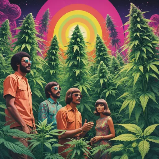 Prompt: Full color illustration, A group of multi cultural people in a field of giant psychedelic marijuana plants, style of 60s kitsch and psychedelia, sharp lighting, highest quality, ultra sharp, ffffound, ultra detailed, magical universe, Dynamic pose, bright and uplifting color hues, misc-geometric