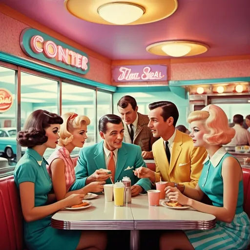 Prompt: Full color illustration, A group of people in a diner ordering food from a waitress in the style of 60s kitsch and psychedelia, sharp lighting, highest quality, ultra sharp, ffffound, ultra detailed, magical universe, Dynamic pose, bright and uplifting color hues, misc-geometric