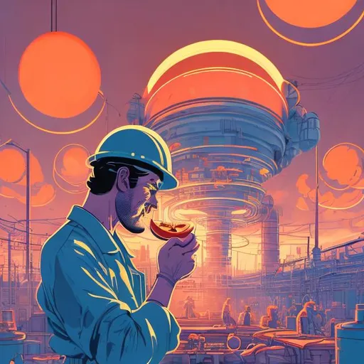 Prompt: retro futurism factory worker eating a peach and checking their wrist watch, the watch illuminates the workers face, smirking expression,  Comic style, heavily detailed, concept art, unique universe, Primary color hues, magical world, fluffy clouds, bright uplifting tones, dynamic lighting