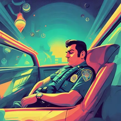 Prompt: Full color illustration, a police officer sleeping heavily in a car, arm out the car window, in the style of 60s kitsch and psychedelia, sharp lighting, highest quality, ultra sharp, ffffound, ultra detailed, magical universe, Dynamic pose, bright and uplifting color hues, misc-geometric