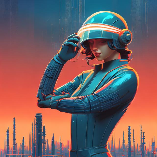 Prompt: retro futurism factory worker removing their helmet, long flowing hair pours out of the helmet revealing a beautiful woman, Comic style, heavily detailed, concept art, unique universe, Primary color hues, magical world, city skyline, bright uplifting tones, dynamic lighting